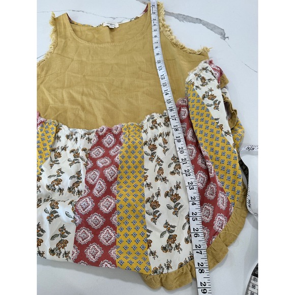 Umgee Mustard Yellow Patchwork Floral Boho Linen Blend Tank Top Small - Picture 6 of 6
